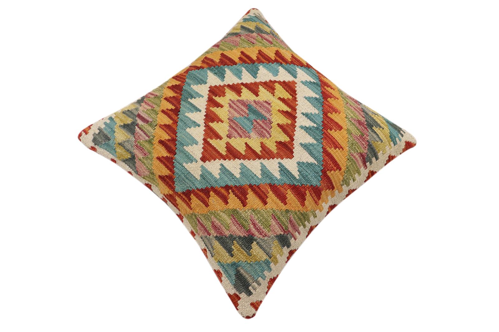 handmade Traditional Pillow Rust Blue Hand-Woven SQUARE 100% WOOL Hand woven turkish pillow2' x 2'