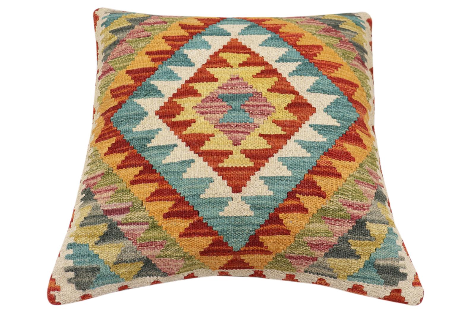 handmade Traditional Pillow Rust Blue Hand-Woven SQUARE 100% WOOL Hand woven turkish pillow2' x 2'