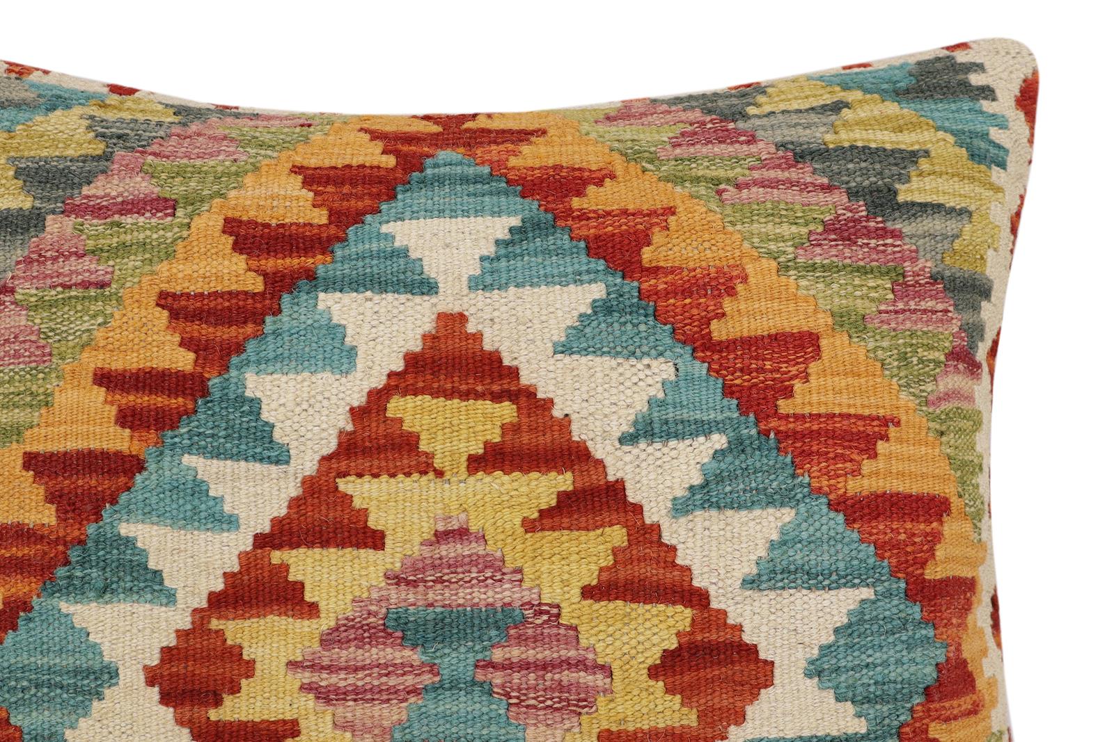 handmade Traditional Pillow Rust Blue Hand-Woven SQUARE 100% WOOL Hand woven turkish pillow2' x 2'