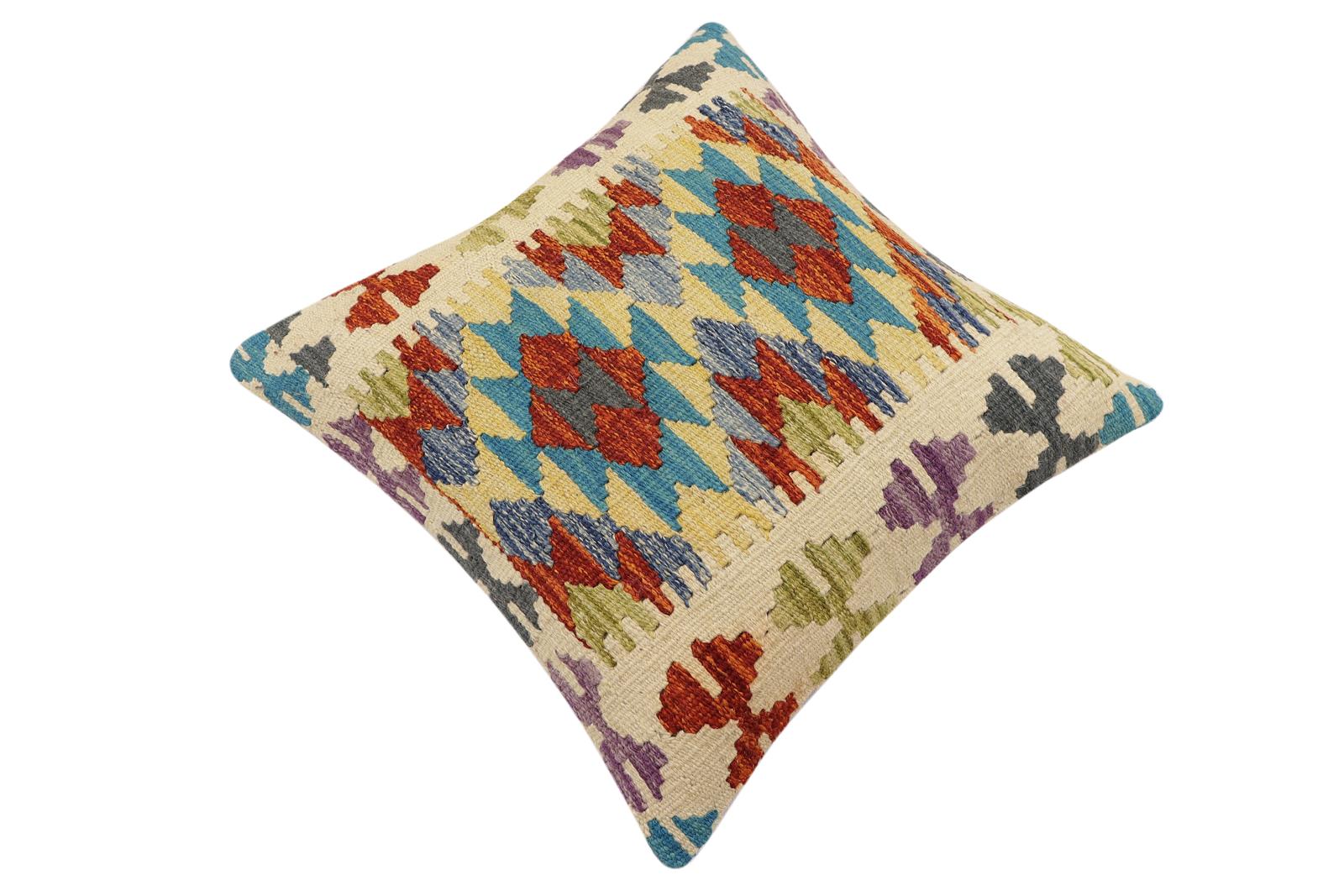 handmade Traditional Pillow Rust Blue Hand-Woven SQUARE 100% WOOL Hand woven turkish pillow2' x 2'