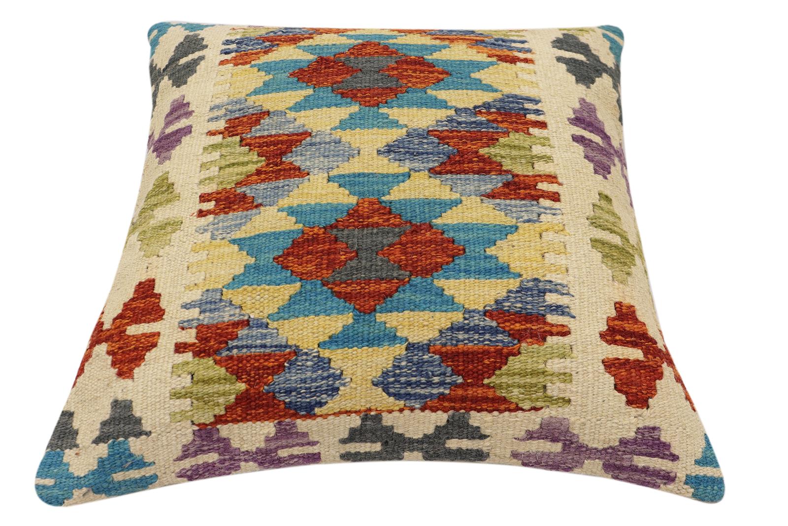handmade Traditional Pillow Rust Blue Hand-Woven SQUARE 100% WOOL Hand woven turkish pillow2' x 2'