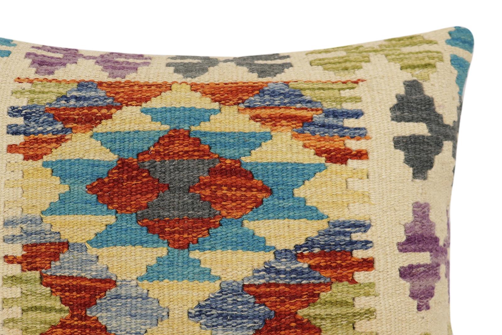 handmade Traditional Pillow Rust Blue Hand-Woven SQUARE 100% WOOL Hand woven turkish pillow2' x 2'