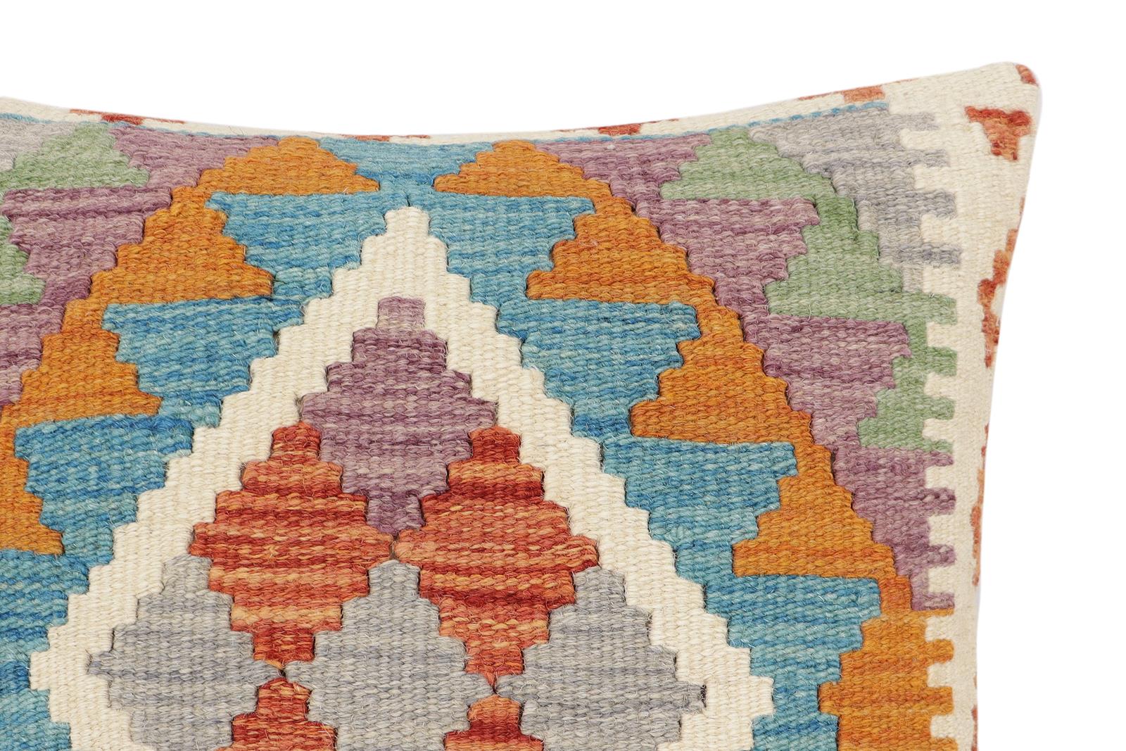 handmade Traditional Pillow Rust Blue Hand-Woven SQUARE 100% WOOL Hand woven turkish pillow2' x 2'