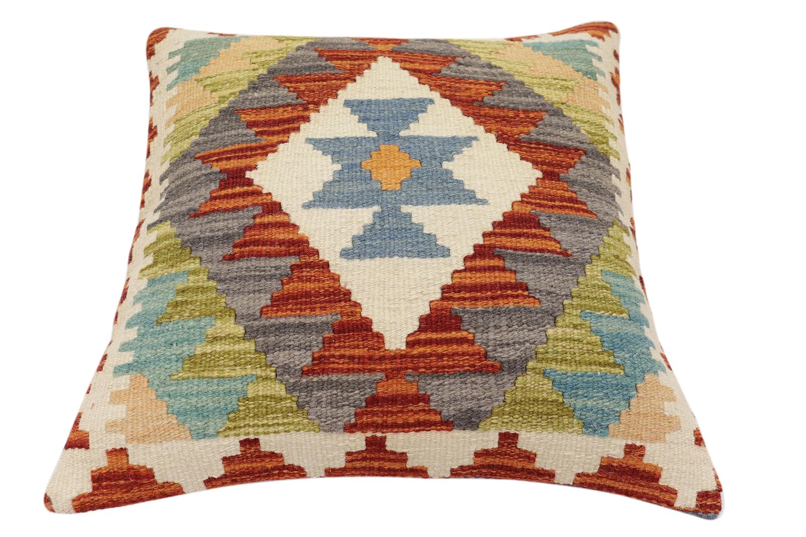 handmade Traditional Pillow Rust Blue Hand-Woven SQUARE 100% WOOL Hand woven turkish pillow2' x 2'