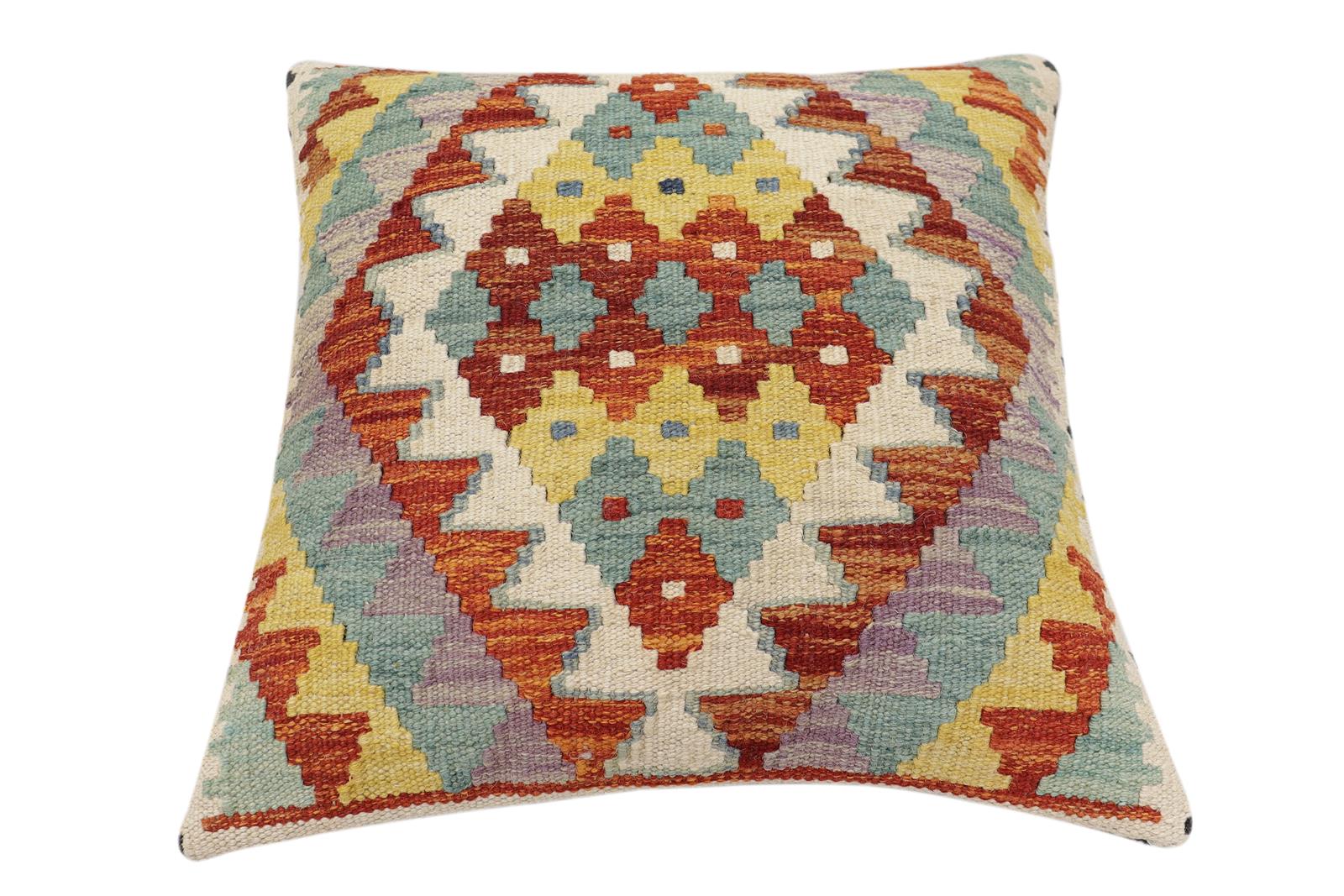 handmade Traditional Pillow Rust Blue Hand-Woven SQUARE 100% WOOL Hand woven turkish pillow2' x 2'