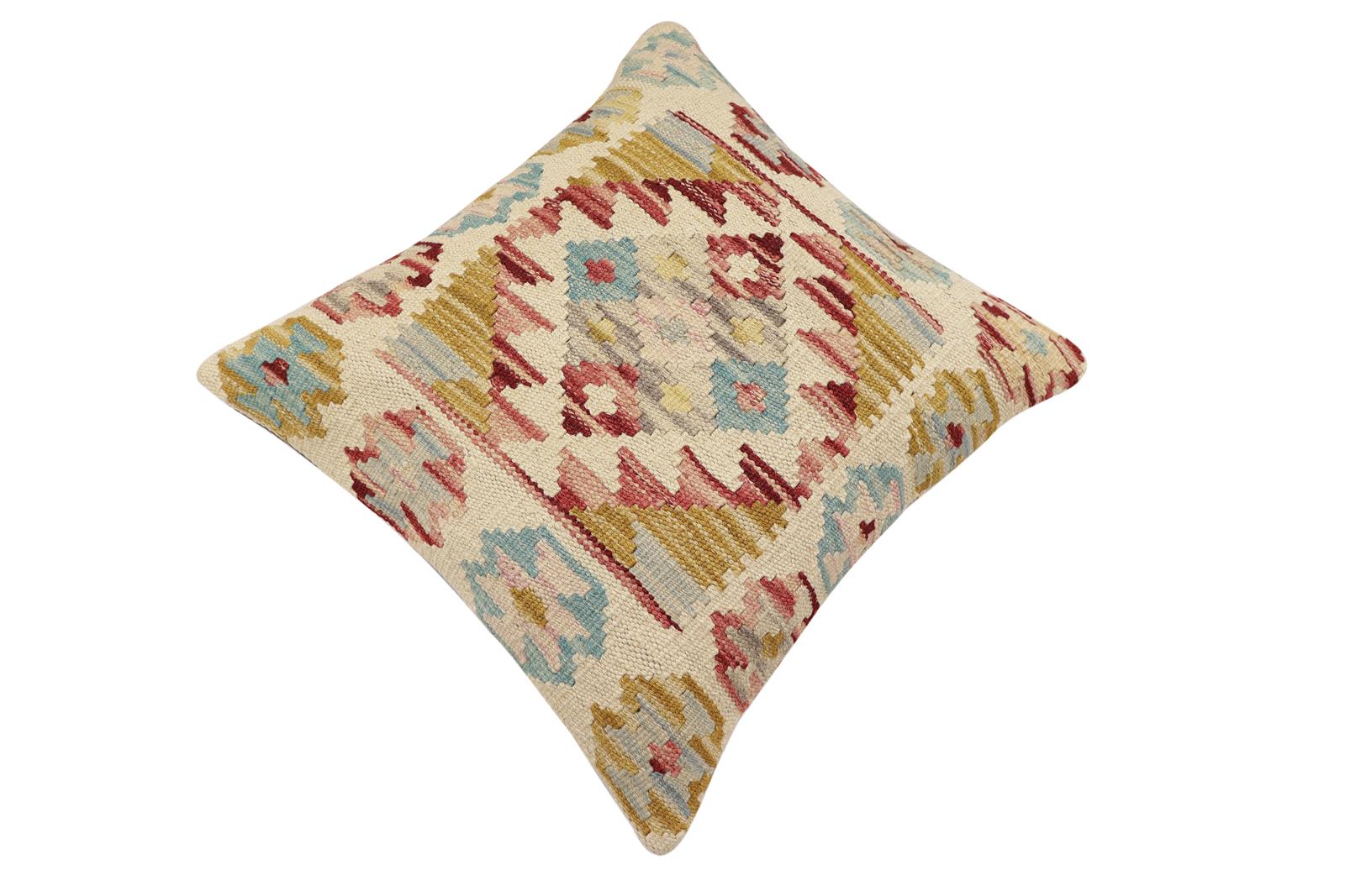 handmade Traditional Pillow Beige Red Hand-Woven SQUARE 100% WOOL  Hand woven turkish pillow  2 x 2