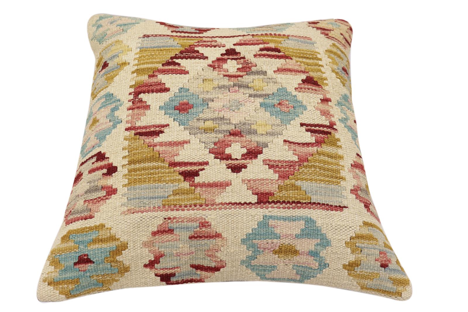 handmade Traditional Pillow Beige Red Hand-Woven SQUARE 100% WOOL  Hand woven turkish pillow  2 x 2