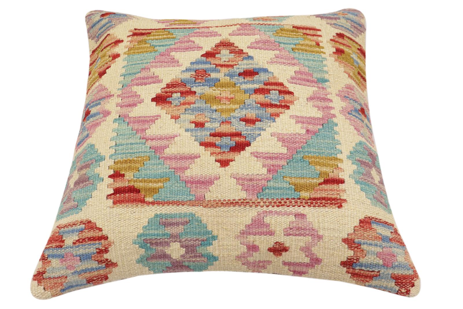 handmade Traditional Pillow Red Blue Hand-Woven SQUARE 100% WOOL Hand woven turkish pillow2' x 2'