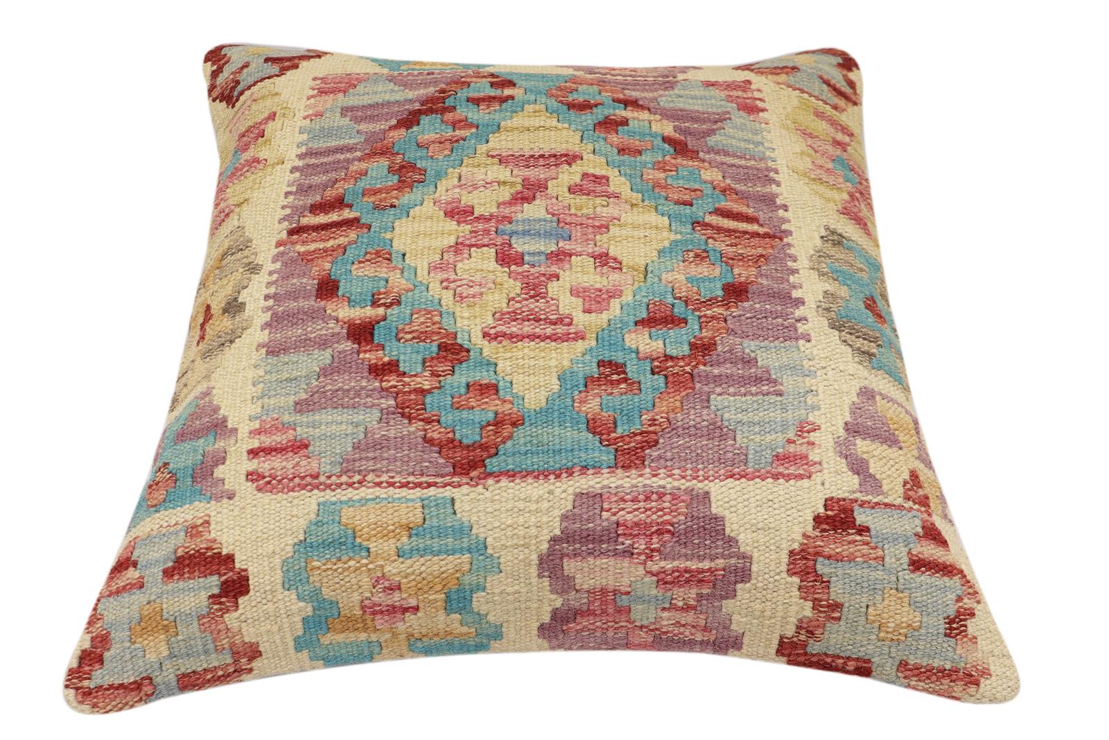handmade Traditional Pillow Blue Rust Hand-Woven SQUARE 100% WOOL Hand woven turkish pillow2' x 2'