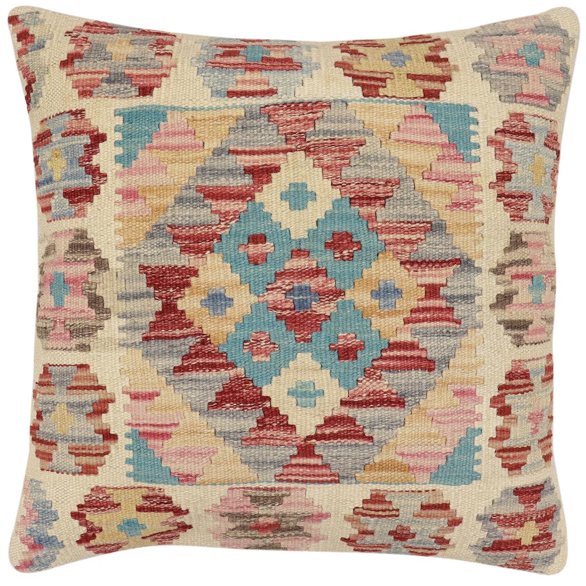 handmade Traditional Pillow Red Blue Hand-Woven SQUARE 100% WOOL  Hand woven turkish pillow  2 x 2