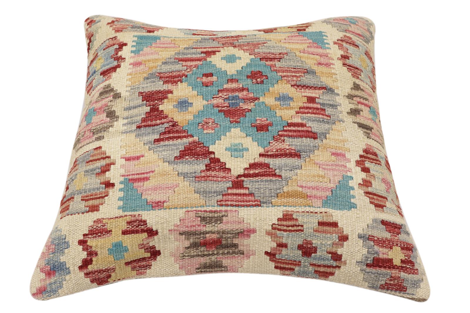 handmade Traditional Pillow Red Blue Hand-Woven SQUARE 100% WOOL  Hand woven turkish pillow  2 x 2
