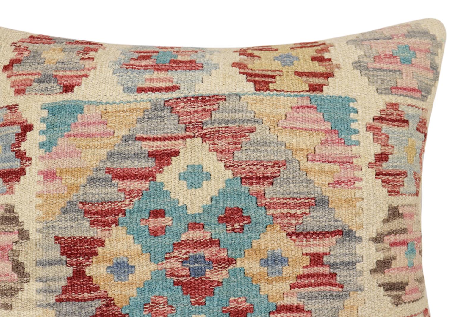 handmade Traditional Pillow Red Blue Hand-Woven SQUARE 100% WOOL  Hand woven turkish pillow  2 x 2