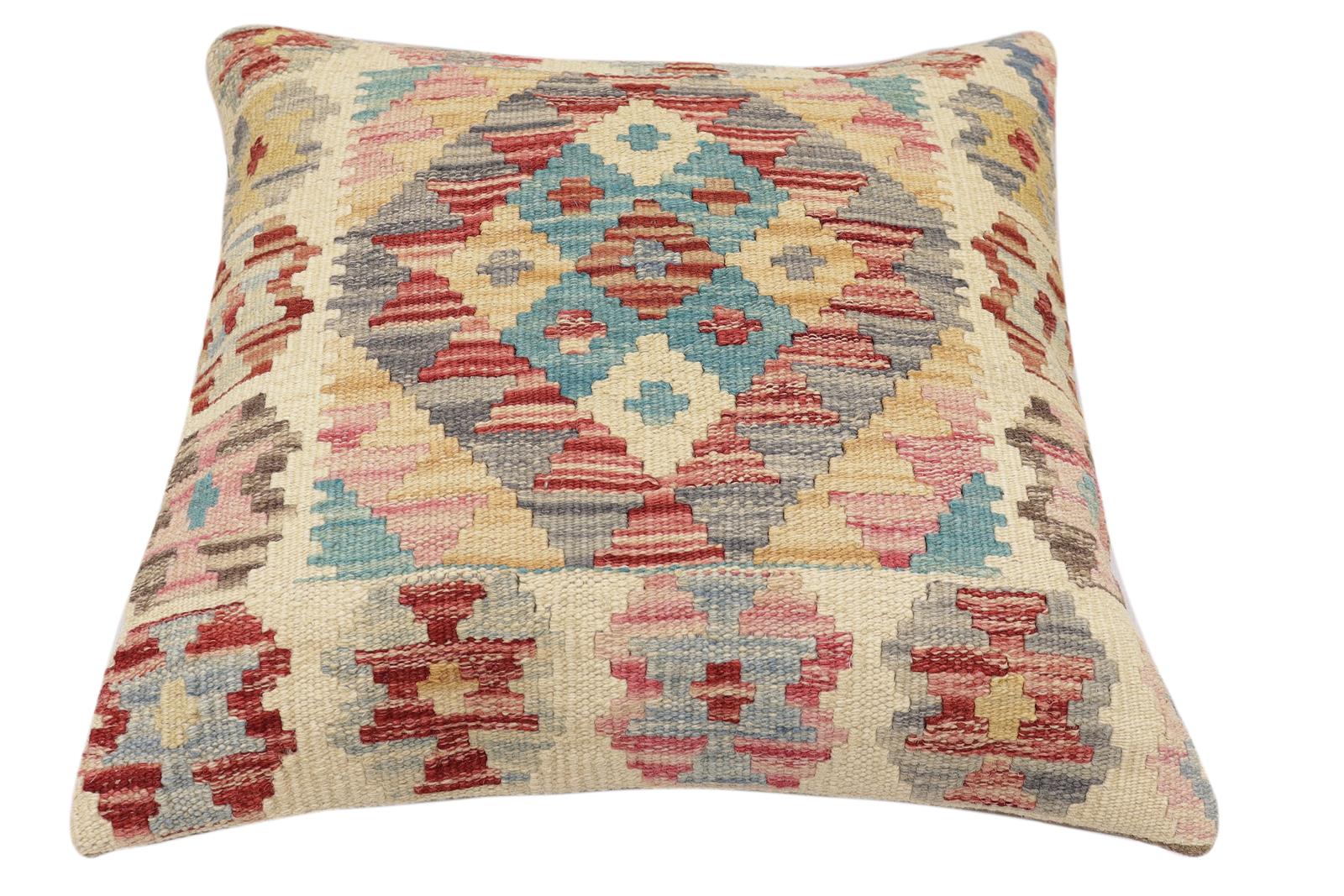 handmade Traditional Pillow Red Blue Hand-Woven SQUARE 100% WOOL Hand woven turkish pillow2' x 2'