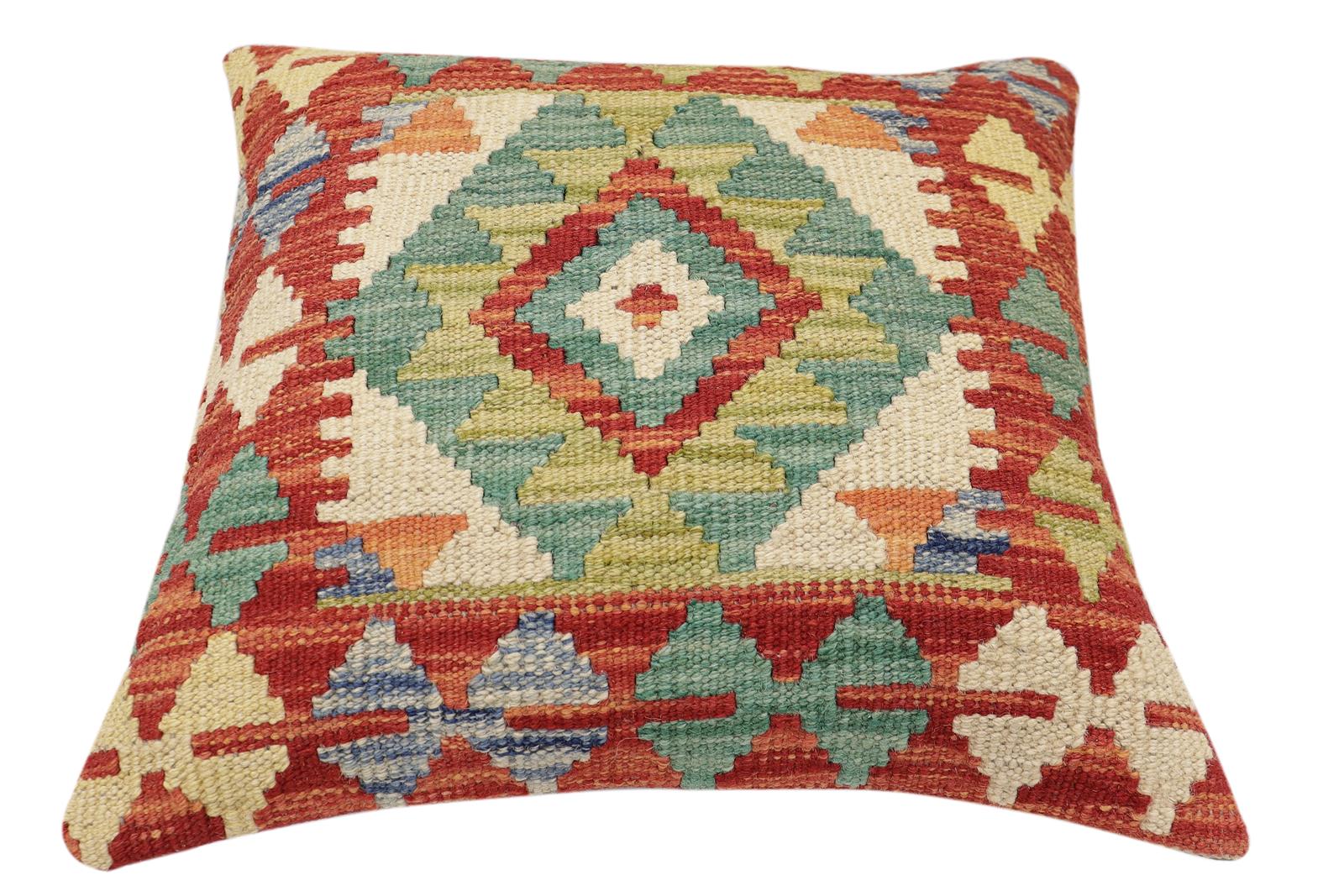handmade Traditional Pillow Rust Blue Hand-Woven SQUARE 100% WOOL  Hand woven turkish pillow  2 x 2