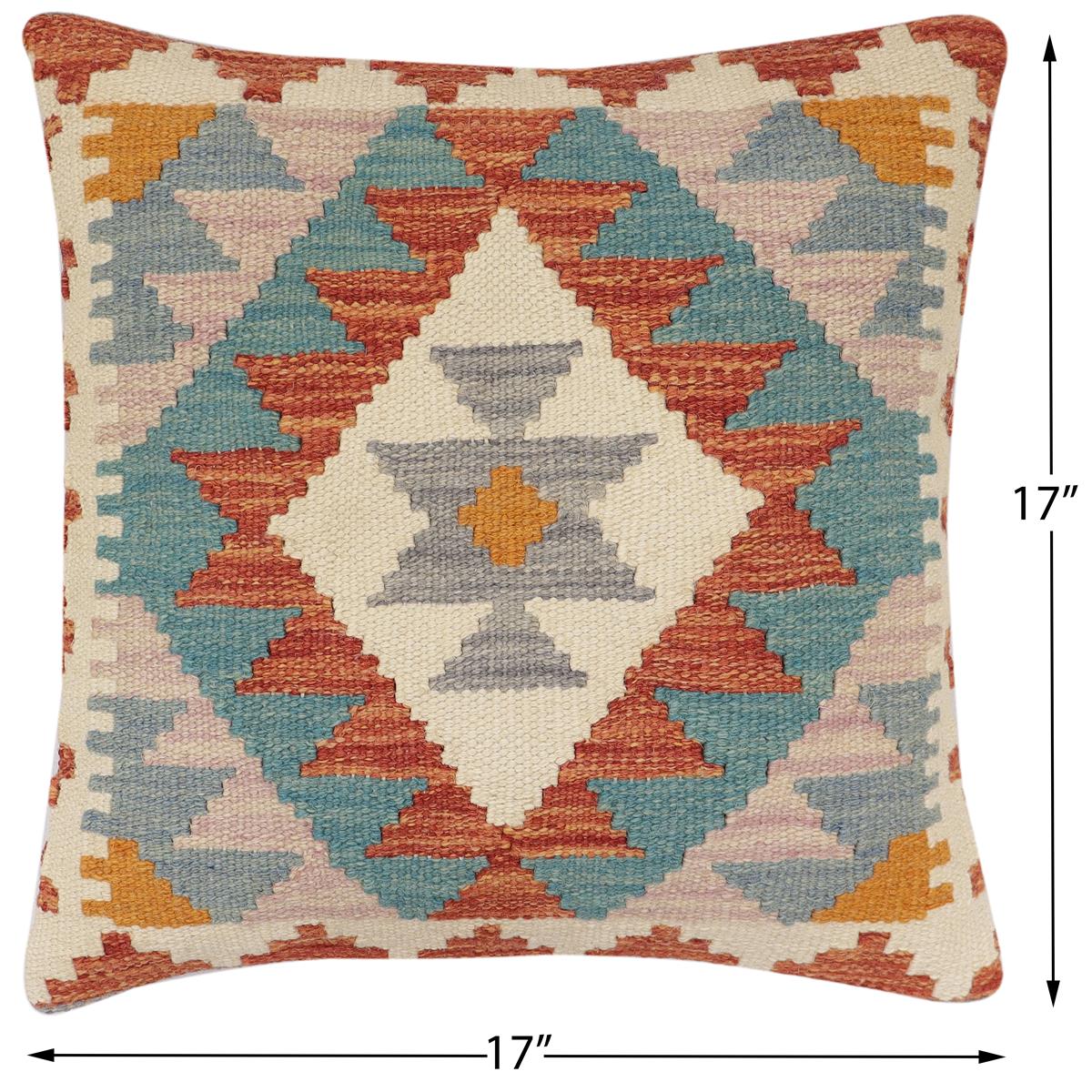 handmade Traditional Pillow Rust Blue Hand-Woven SQUARE 100% WOOL  Hand woven turkish pillow  2 x 2