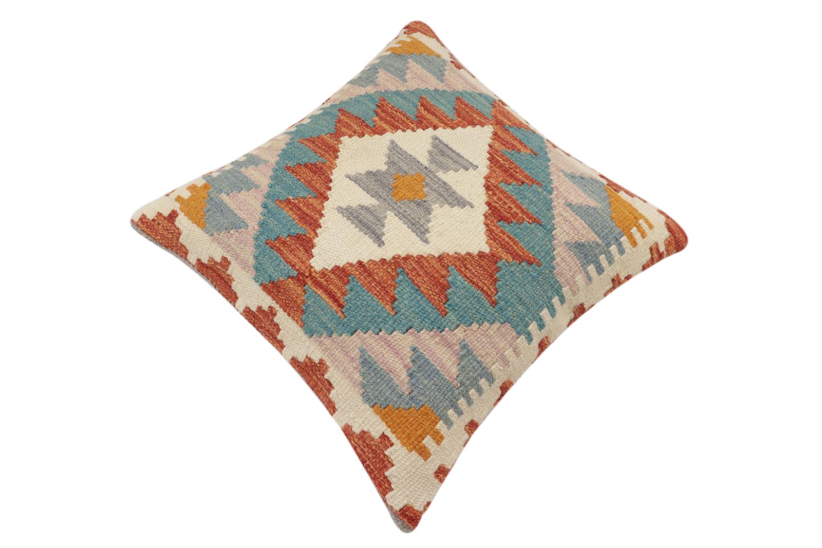 handmade Traditional Pillow Rust Blue Hand-Woven SQUARE 100% WOOL  Hand woven turkish pillow  2 x 2