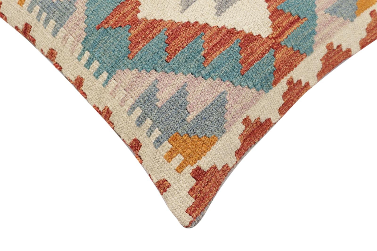 handmade Traditional Pillow Rust Blue Hand-Woven SQUARE 100% WOOL  Hand woven turkish pillow  2 x 2