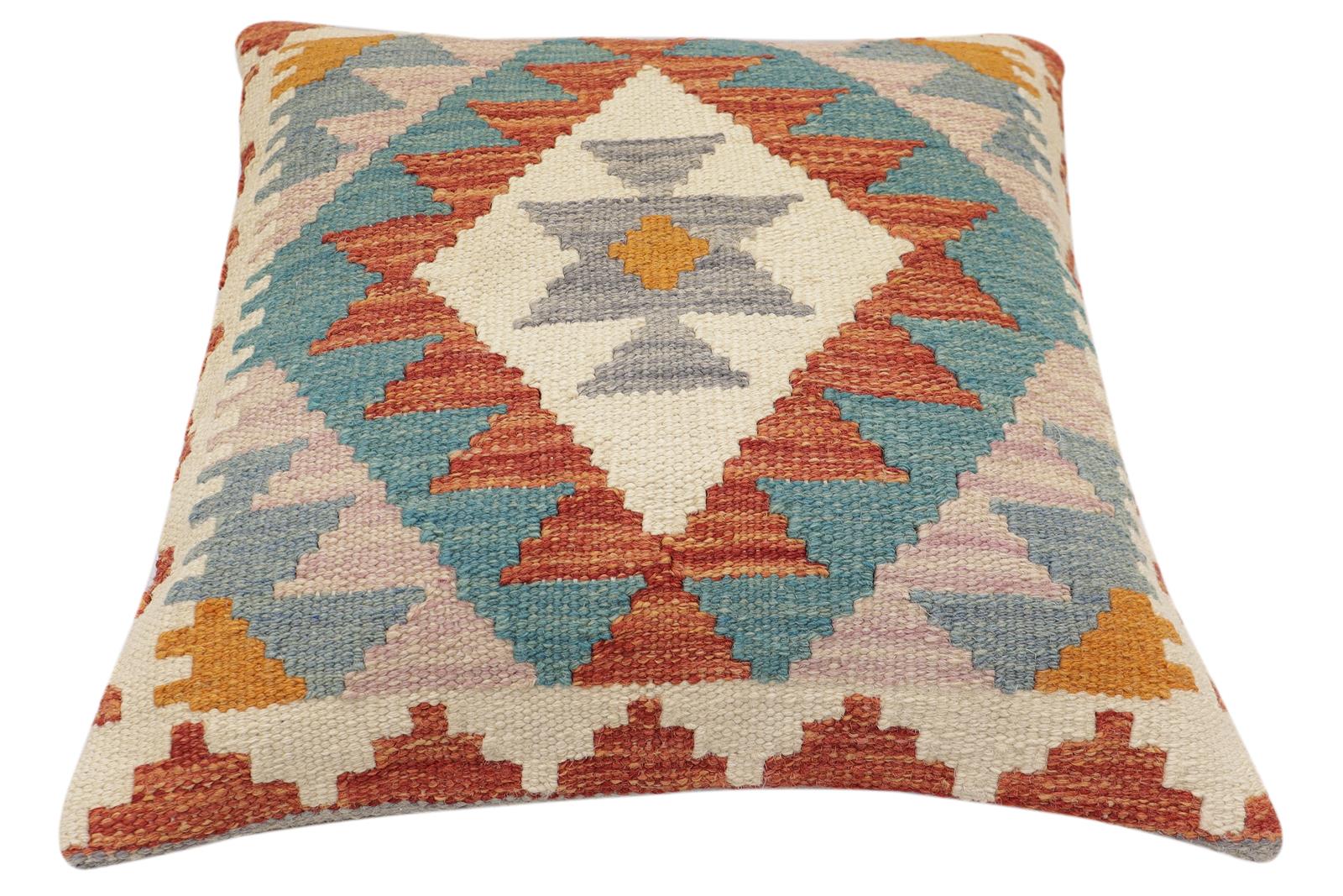 handmade Traditional Pillow Rust Blue Hand-Woven SQUARE 100% WOOL  Hand woven turkish pillow  2 x 2
