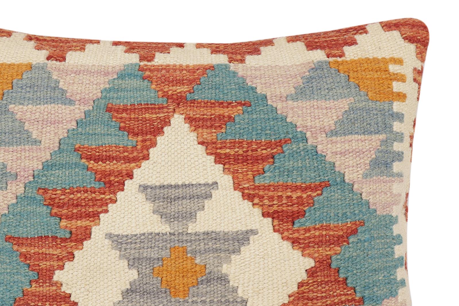 handmade Traditional Pillow Rust Blue Hand-Woven SQUARE 100% WOOL  Hand woven turkish pillow  2 x 2