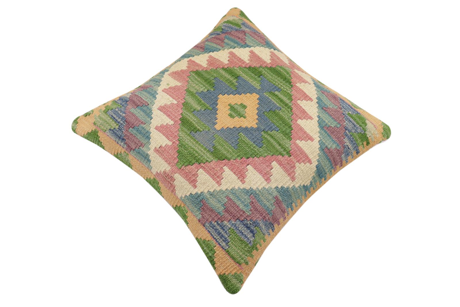 handmade Traditional Pillow Blue Beige Hand-Woven SQUARE 100% WOOL Hand woven turkish pillow2' x 2'