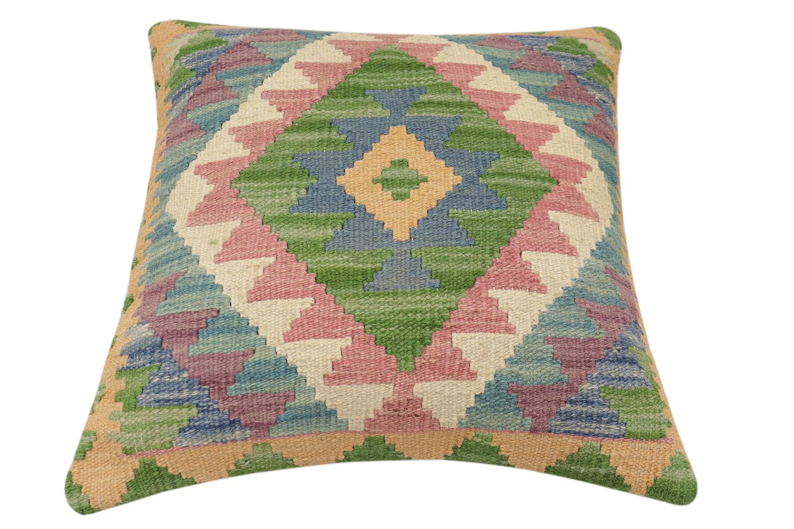 handmade Traditional Pillow Blue Beige Hand-Woven SQUARE 100% WOOL Hand woven turkish pillow2' x 2'