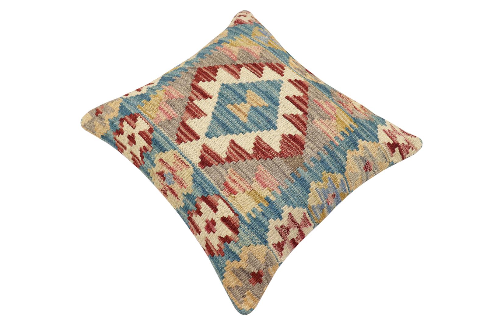 handmade Traditional Pillow Blue Red Hand-Woven SQUARE 100% WOOL  Hand woven turkish pillow  2 x 2
