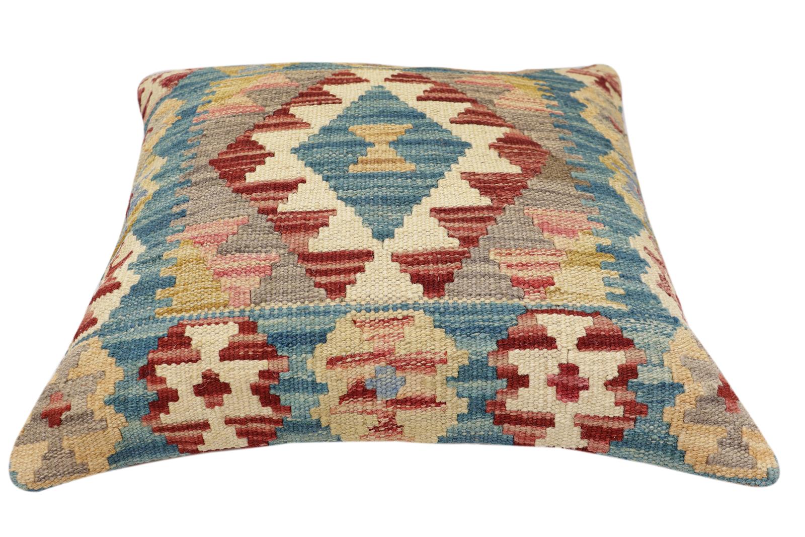 handmade Traditional Pillow Blue Red Hand-Woven SQUARE 100% WOOL  Hand woven turkish pillow  2 x 2