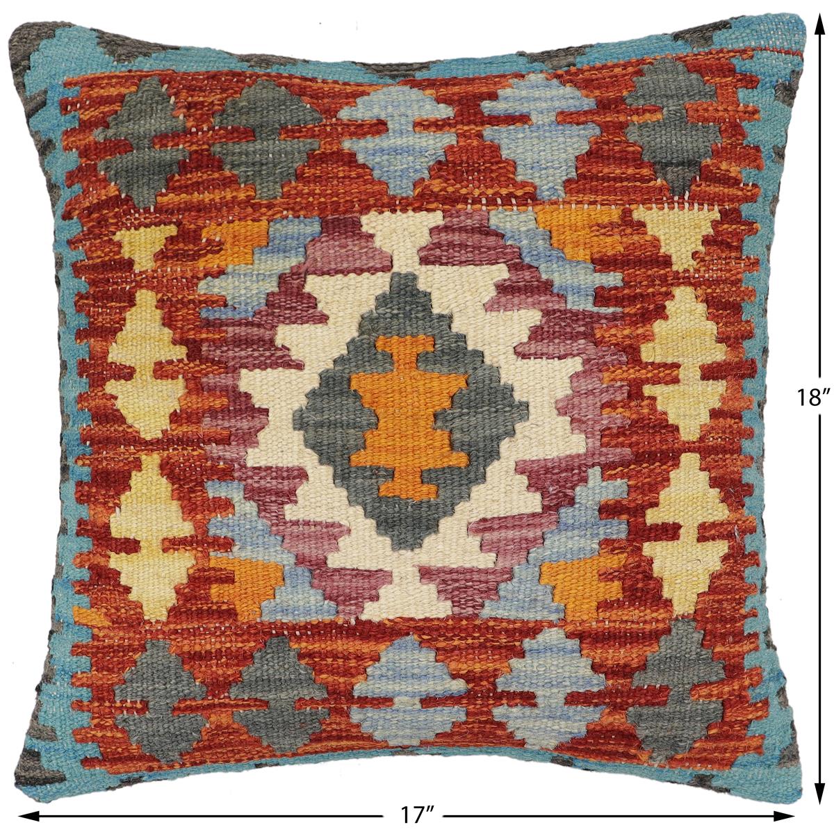 handmade Traditional Pillow Rust Blue Hand-Woven SQUARE 100% WOOL  Hand woven turkish pillow  2 x 2