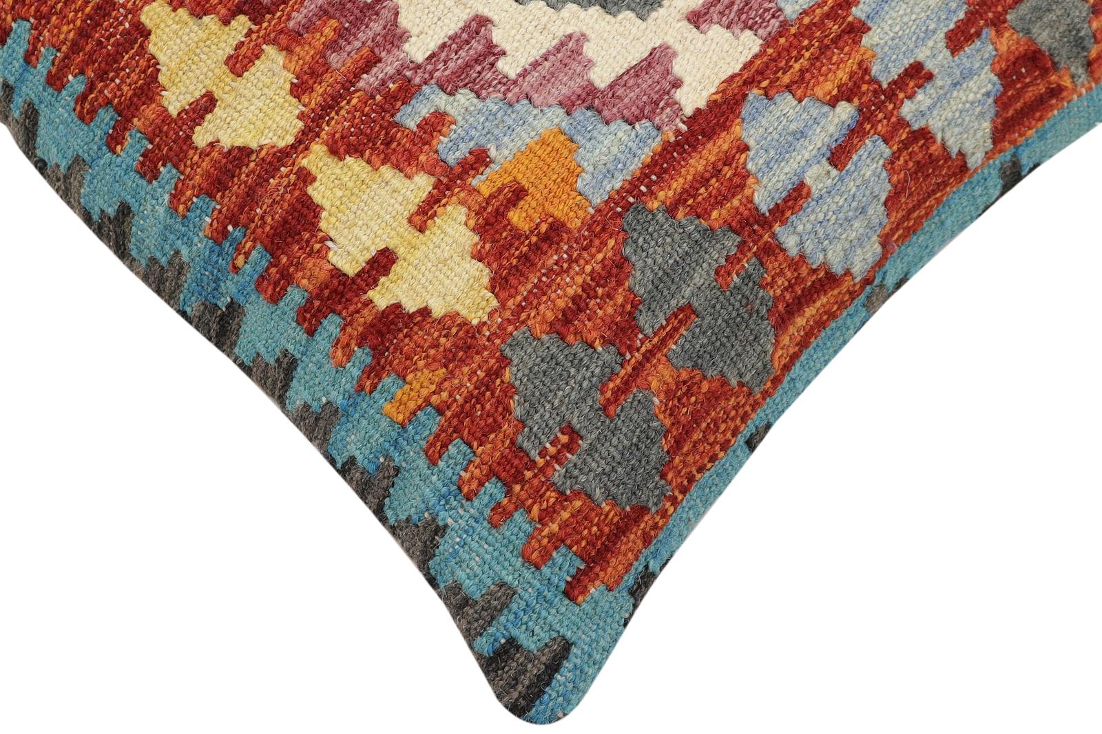 handmade Traditional Pillow Rust Blue Hand-Woven SQUARE 100% WOOL  Hand woven turkish pillow  2 x 2