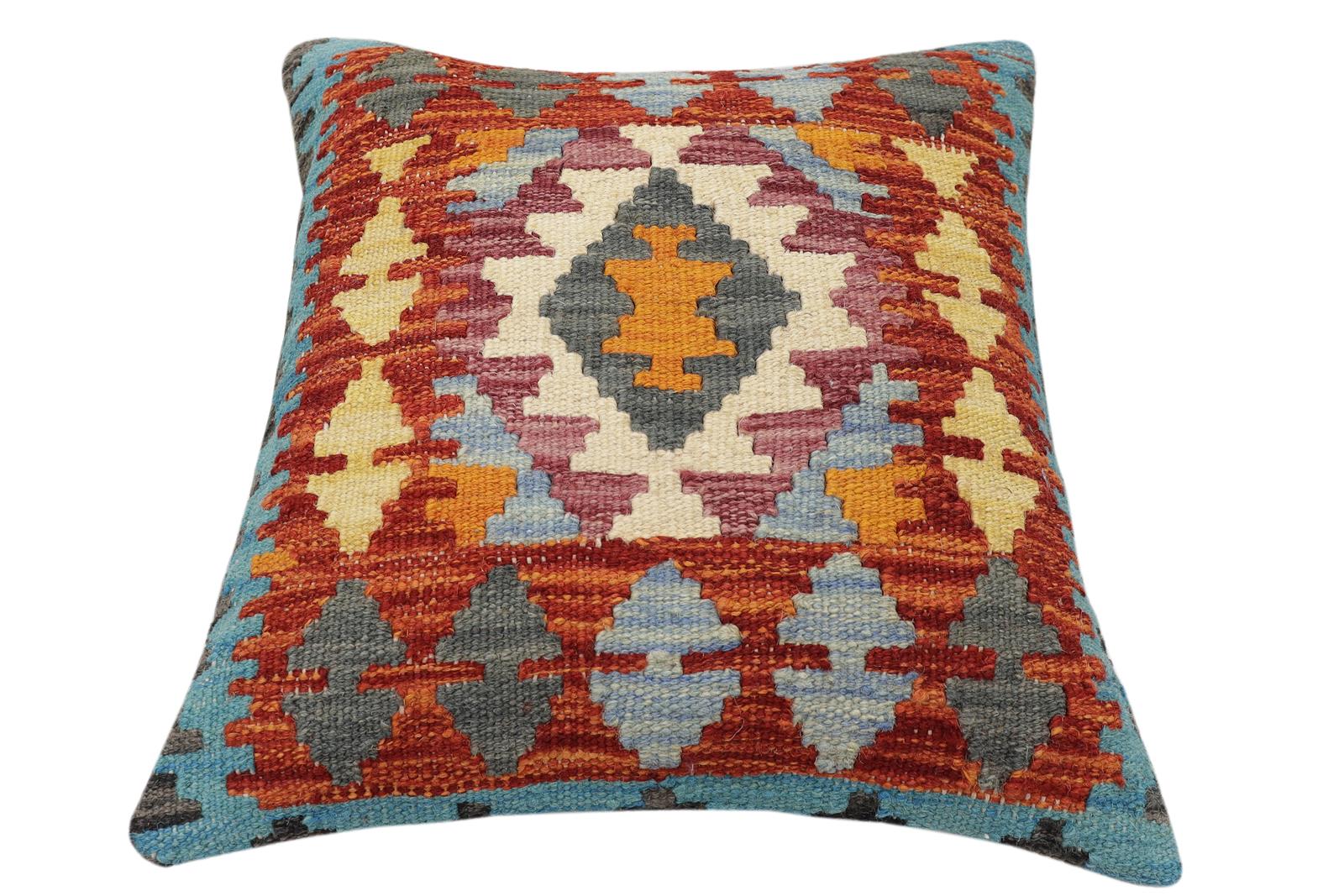 handmade Traditional Pillow Rust Blue Hand-Woven SQUARE 100% WOOL  Hand woven turkish pillow  2 x 2