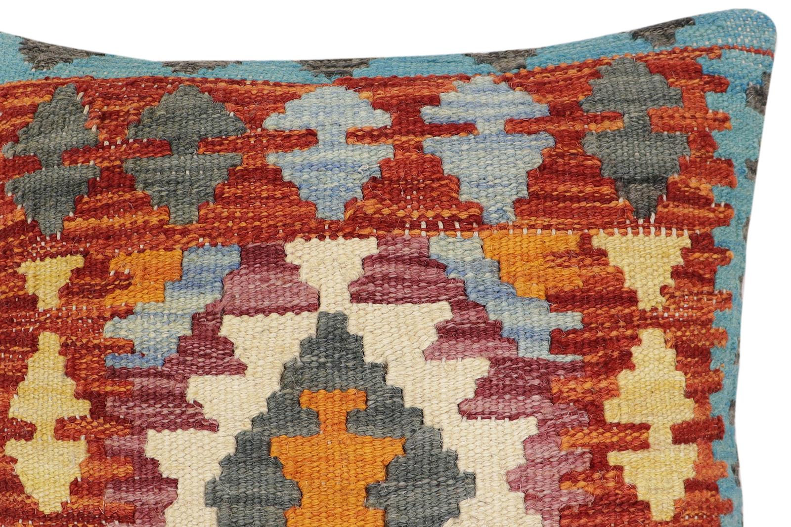 handmade Traditional Pillow Rust Blue Hand-Woven SQUARE 100% WOOL  Hand woven turkish pillow  2 x 2