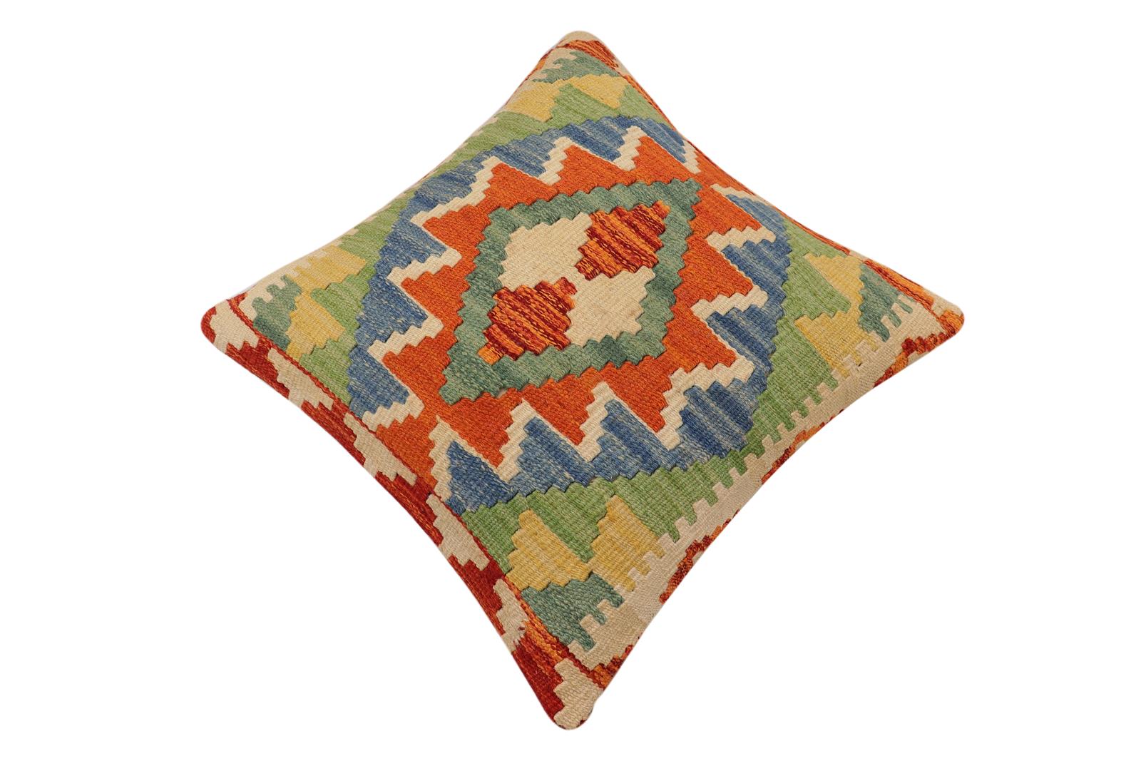 handmade Traditional Pillow Rust Blue Hand-Woven SQUARE 100% WOOL Hand woven turkish pillow2' x 2'
