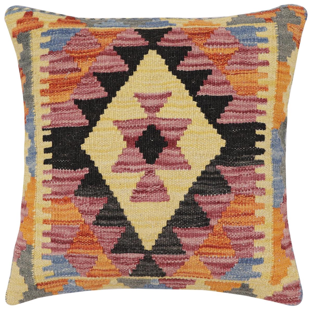 handmade Traditional Pillow Rust Blue Hand-Woven SQUARE 100% WOOL  Hand woven turkish pillow  2 x 2
