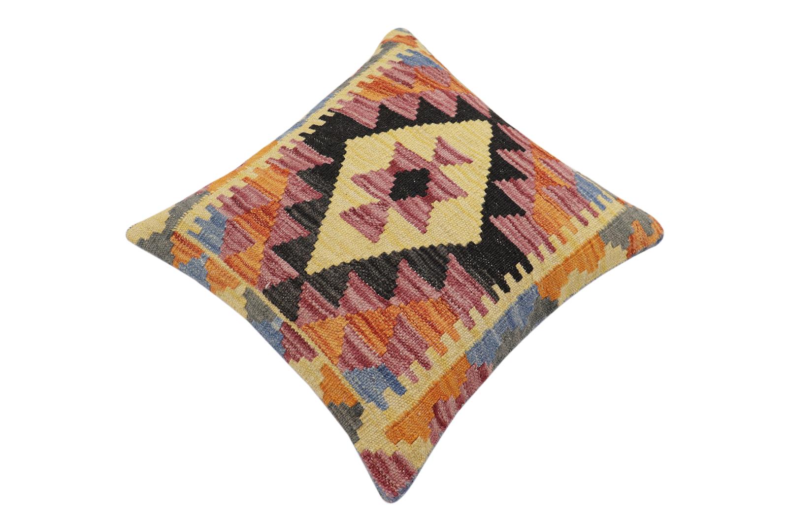 handmade Traditional Pillow Rust Blue Hand-Woven SQUARE 100% WOOL  Hand woven turkish pillow  2 x 2