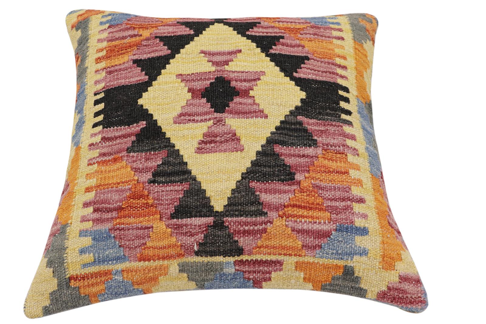 handmade Traditional Pillow Rust Blue Hand-Woven SQUARE 100% WOOL  Hand woven turkish pillow  2 x 2