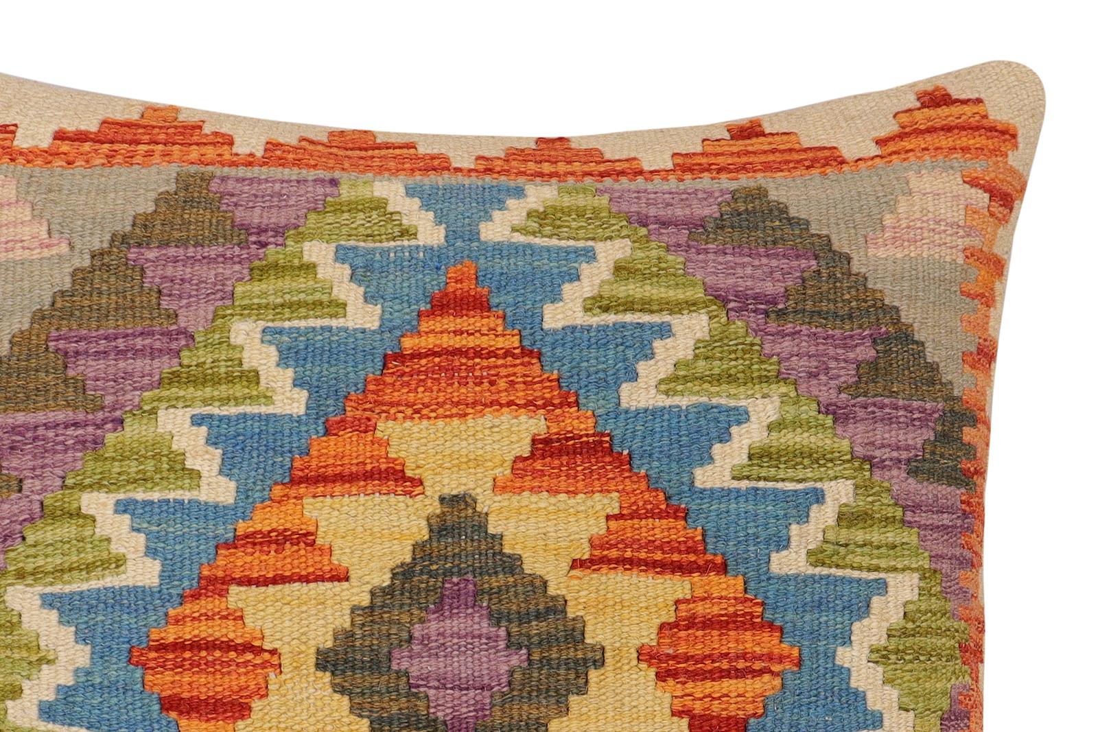 handmade Traditional Pillow Rust Blue Hand-Woven SQUARE 100% WOOL  Hand woven turkish pillow  2 x 2