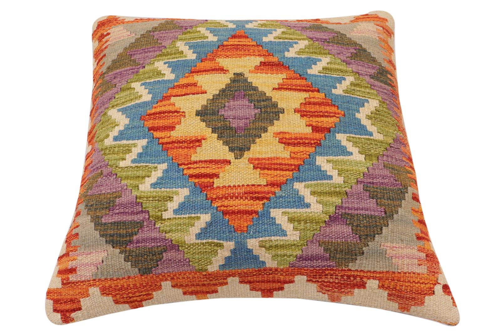 handmade Traditional Pillow Rust Blue Hand-Woven SQUARE 100% WOOL  Hand woven turkish pillow  2 x 2