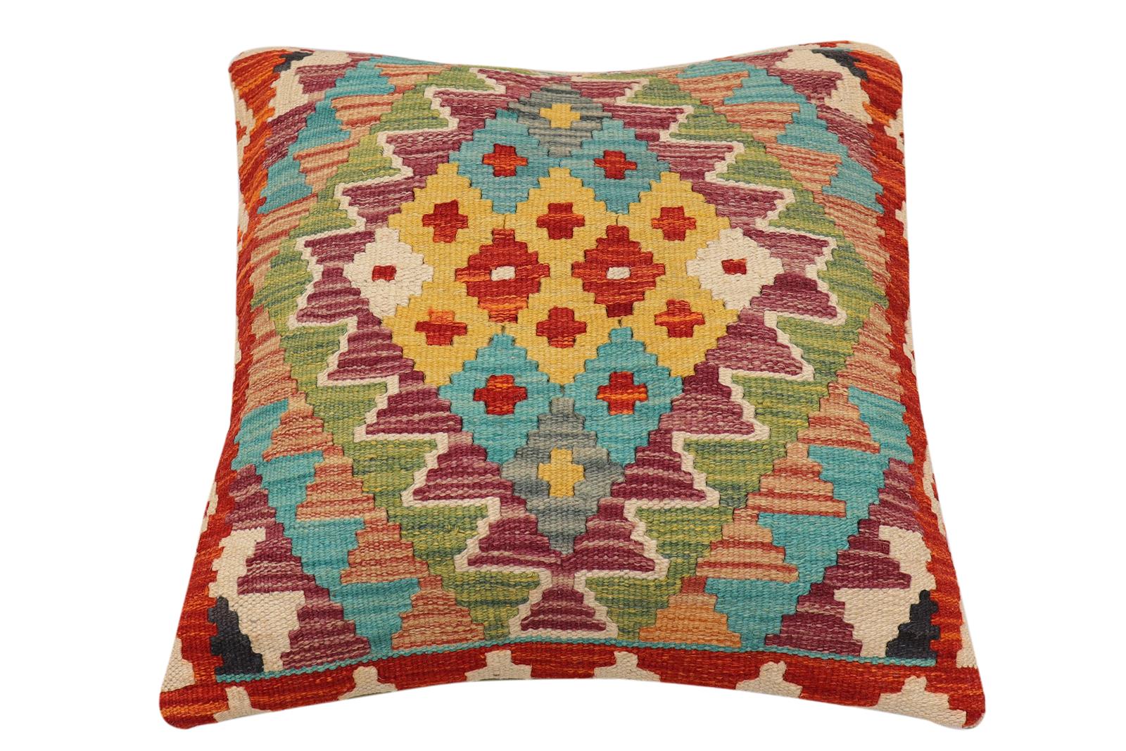 handmade Traditional Pillow Rust Blue Hand-Woven SQUARE 100% WOOL  Hand woven turkish pillow  PILLOW