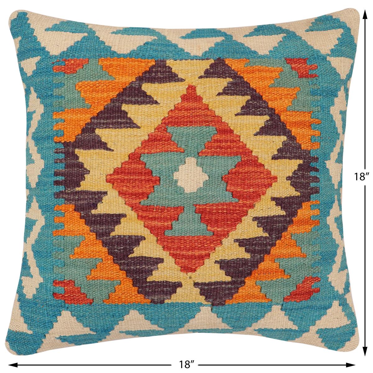 handmade Traditional Pillow Blue Rust Hand-Woven SQUARE 100% WOOL Hand woven turkish pillow2' x 2'