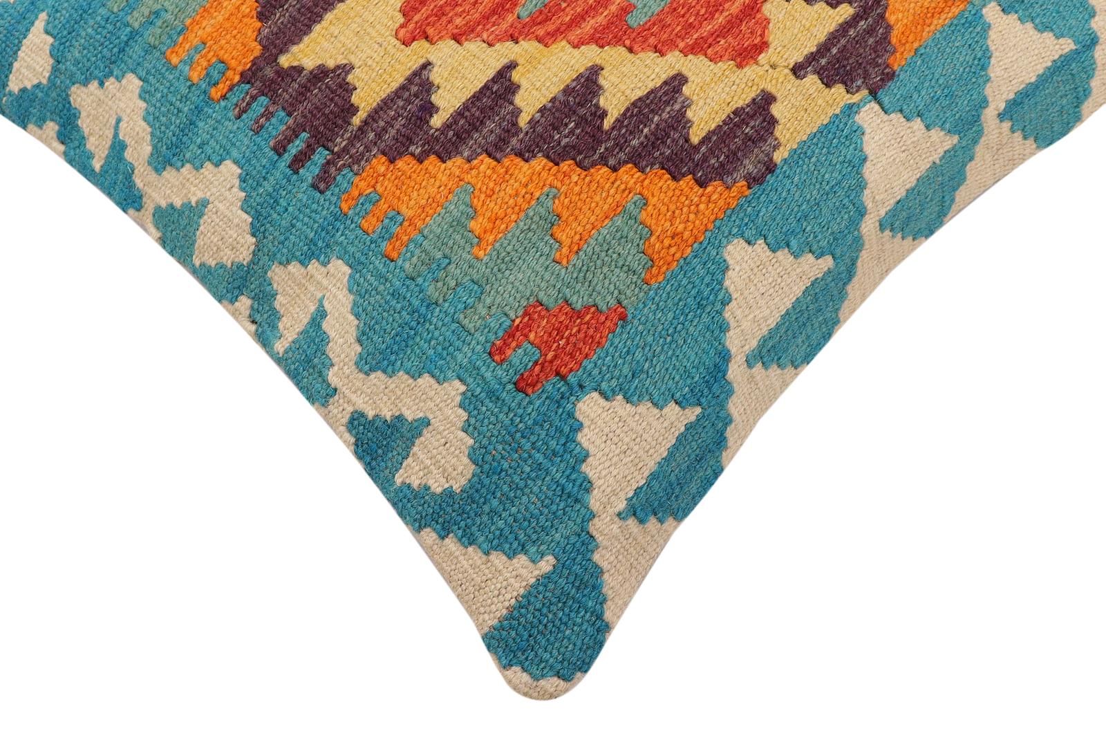 handmade Traditional Pillow Blue Rust Hand-Woven SQUARE 100% WOOL Hand woven turkish pillow2' x 2'