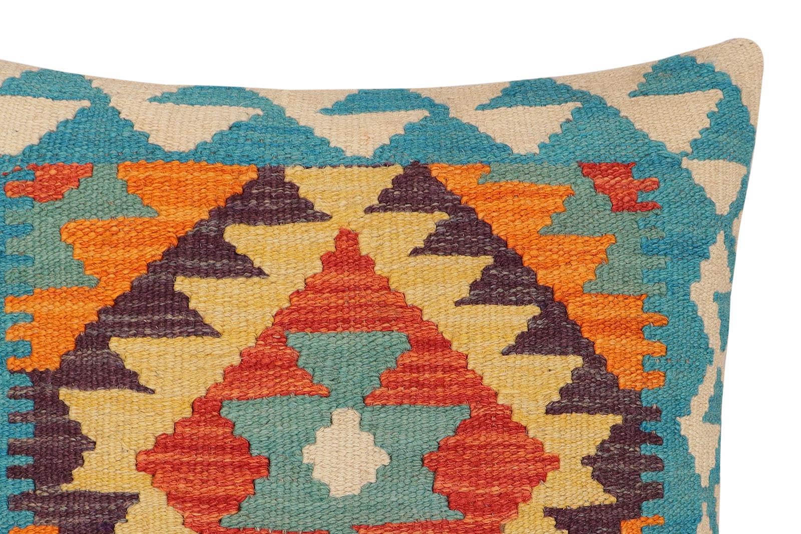 handmade Traditional Pillow Blue Rust Hand-Woven SQUARE 100% WOOL Hand woven turkish pillow2' x 2'