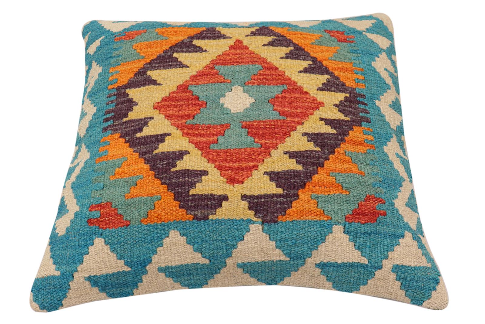 handmade Traditional Pillow Blue Rust Hand-Woven SQUARE 100% WOOL Hand woven turkish pillow2' x 2'