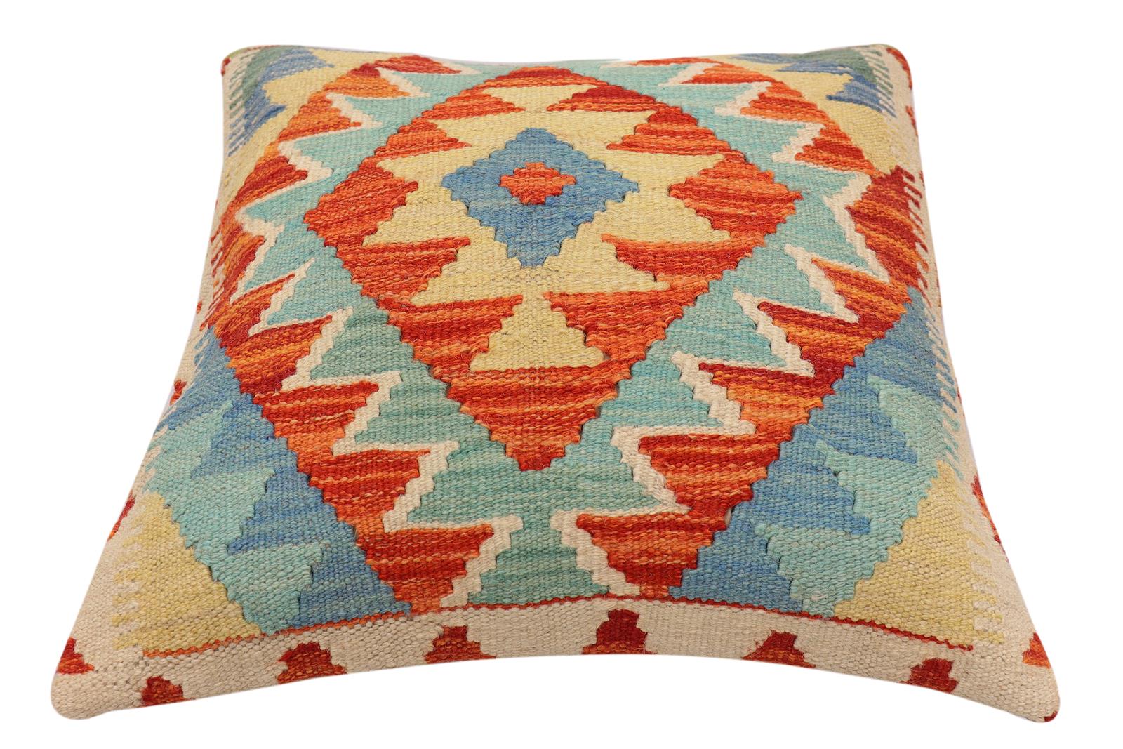 handmade Traditional Pillow Rust Blue Hand-Woven SQUARE 100% WOOL  Hand woven turkish pillow  2 x 2