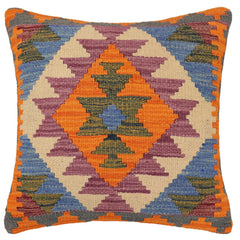 handmade Traditional Pillow Rust Blue Hand-Woven SQUARE 100% WOOL  Hand woven turkish pillow  2 x 2