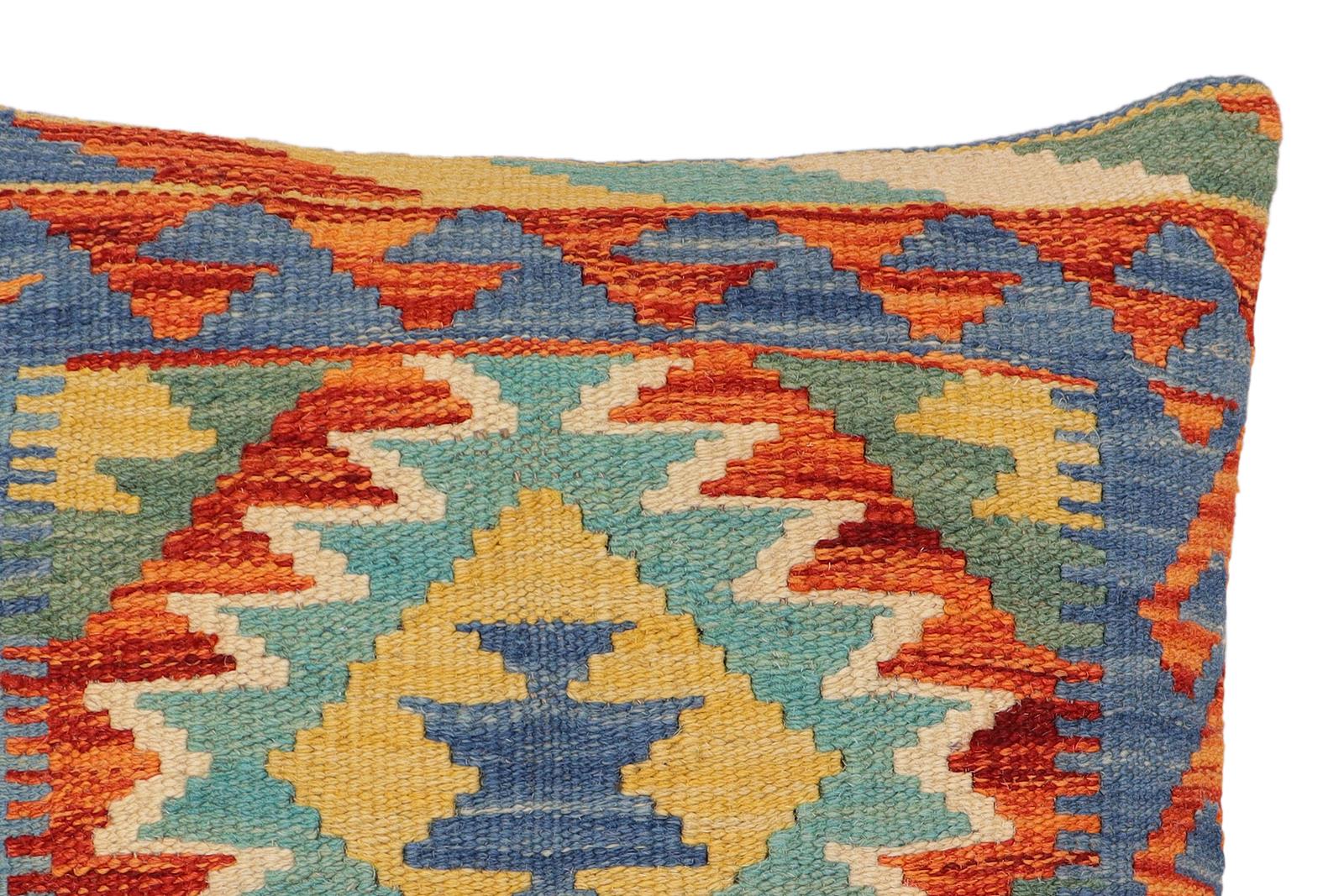handmade Traditional Pillow Blue Rust Hand-Woven SQUARE 100% WOOL Hand woven turkish pillow2' x 2'