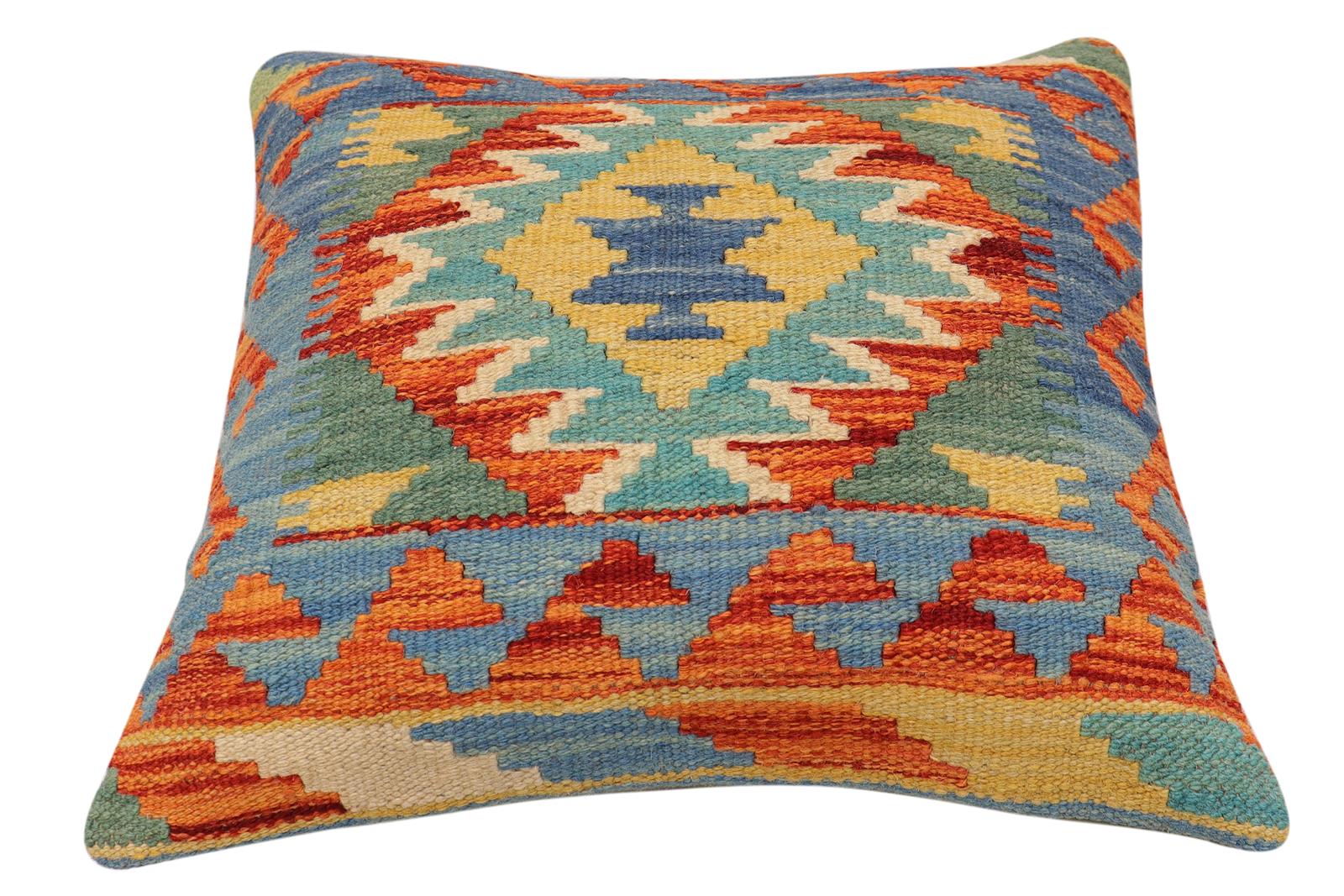 handmade Traditional Pillow Blue Rust Hand-Woven SQUARE 100% WOOL Hand woven turkish pillow2' x 2'