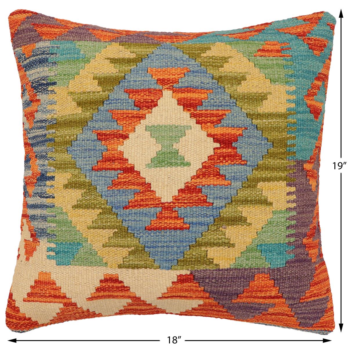 handmade Traditional Pillow Rust Blue Hand-Woven SQUARE 100% WOOL  Hand woven turkish pillow  2 x 2