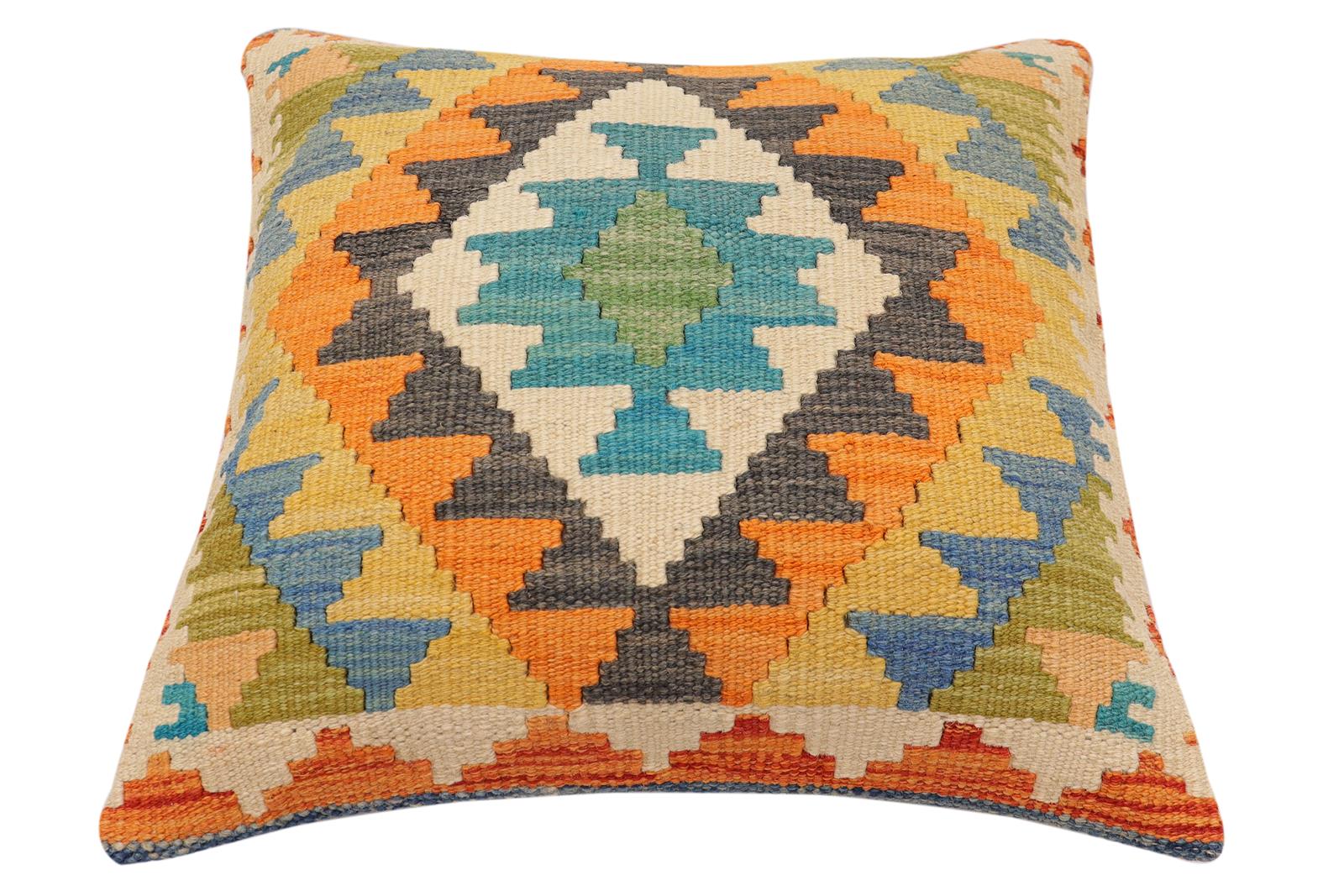 handmade Traditional Pillow Blue Gray Hand-Woven SQUARE 100% WOOL  Hand woven turkish pillow  2 x 2