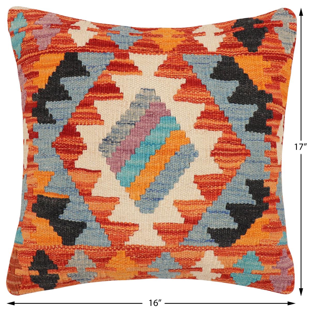 handmade Traditional Pillow Rust Blue Hand-Woven SQUARE 100% WOOL  Hand woven turkish pillow  2 x 2