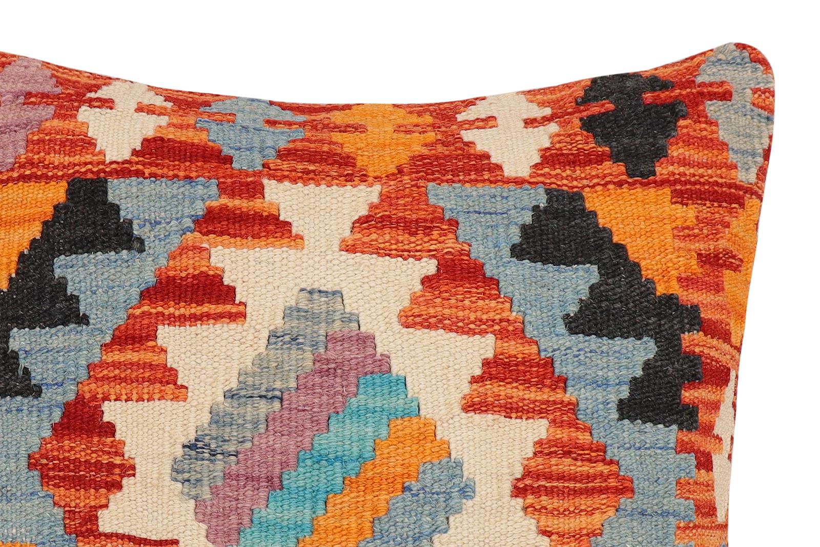 handmade Traditional Pillow Rust Blue Hand-Woven SQUARE 100% WOOL  Hand woven turkish pillow  2 x 2